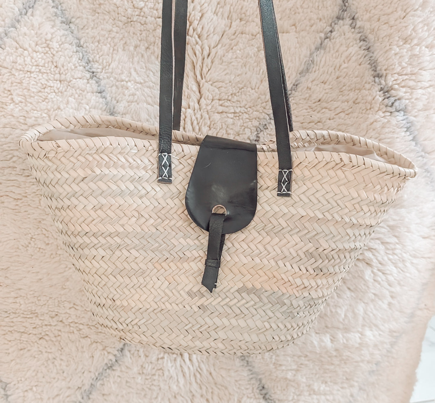 Grand panier cuir noir chic - Artisanat marocain