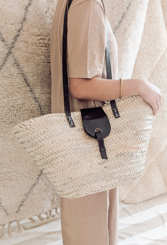 Grand panier cuir noir chic - Artisanat marocain