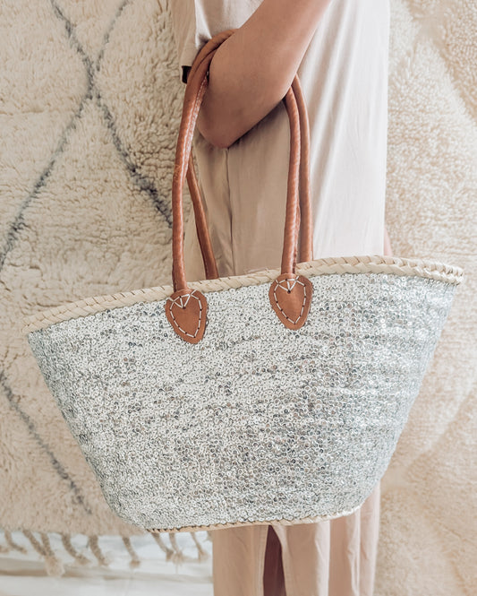 Panier paillettes argentées - Artisanat marocain